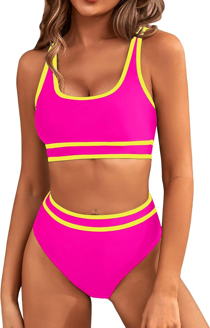 BMJL Women's High Waisted Bikini Sets Sporty Two Piece Swimsuits Color Block Cheeky High Cut Bath... | Amazon (US)