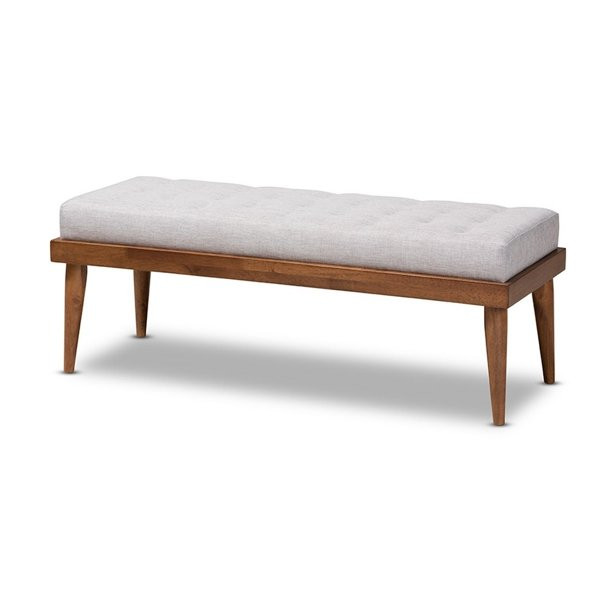 Linus Mid-Century Modern Greyish Beige Fabric Upholstered and Button Tufted Wood Bench | Walmart (US)