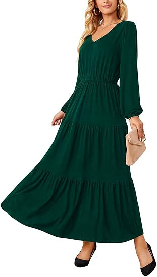 BhzHJ Women Long Sleeve V Neck Maxi Dress Floral Print Ruffle Tiered Dresses Fall-Winter Flowy Lo... | Amazon (US)