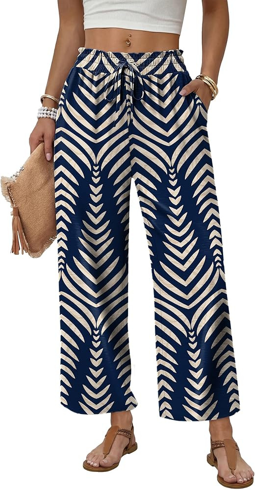 WIHOLL Wide Leg Pants Woman Flowy Palazzo Drawstring Elastic Waist Trousers with Pockets Casual L... | Amazon (US)
