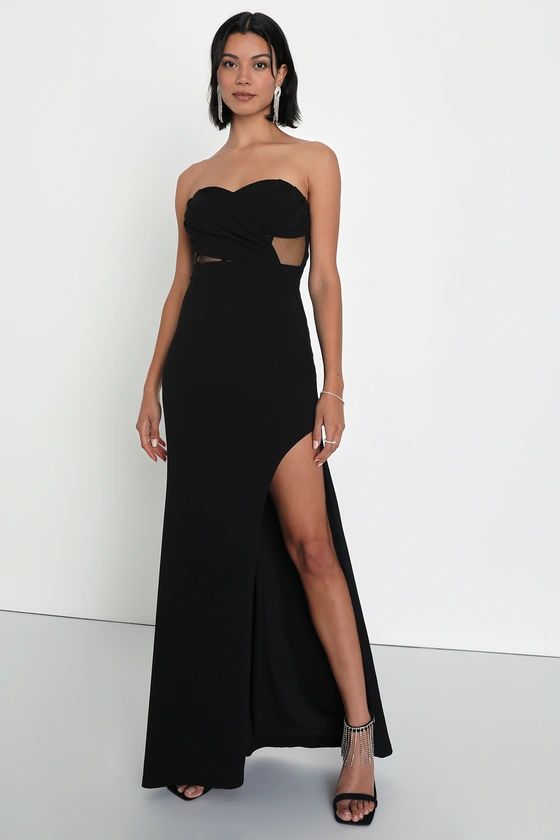 Sultry Glances Black Pleated Strapless Bustier Maxi Dress | Lulus