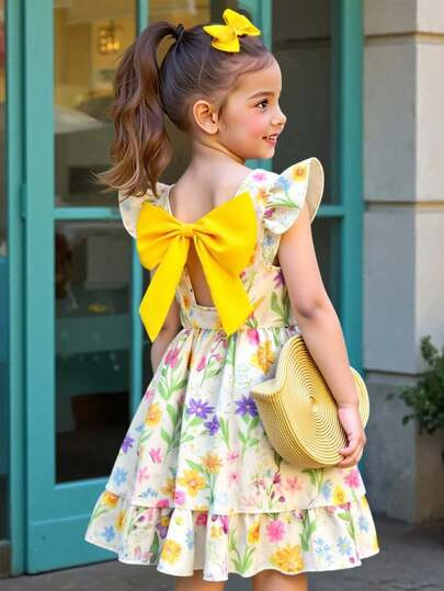 SHEIN Elladie kids Girls Elegant Floral Print Round Collar Flutter Sleeve Hollow Back Bow Decor W... | SHEIN