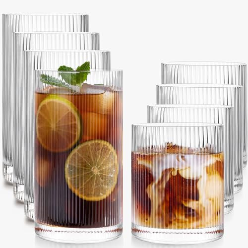 LUNA & MANTHA Ribbed Glasses Drinking Set of 8-17oz Large Capacity Highball Glasses, 12oz Rocks Glass Cups, Vintage Cocktail Glasses, Ideal for, Water, Ice Coffee Cup, Whiskey, Mixed Drinkware | Amazon (US)