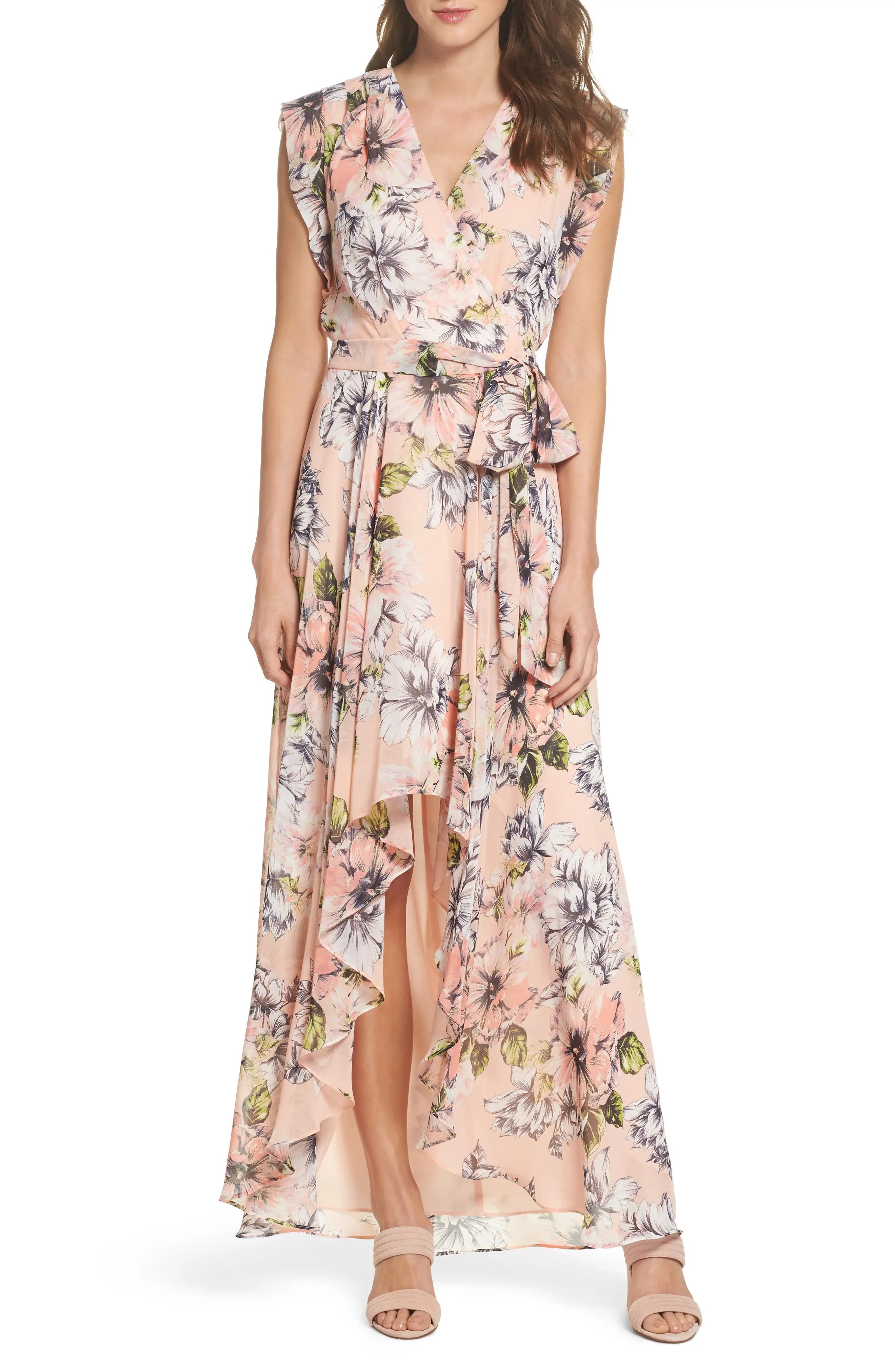 Women's Eliza J Floral Ruffle High/low Maxi Dress, Size 16 - Pink | Nordstrom