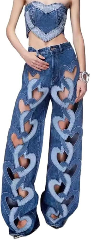 Women's High Rise Heart Cutout Baggy Jeans Straight Wide Leg Jeans with Pockets Blue | Amazon (US)
