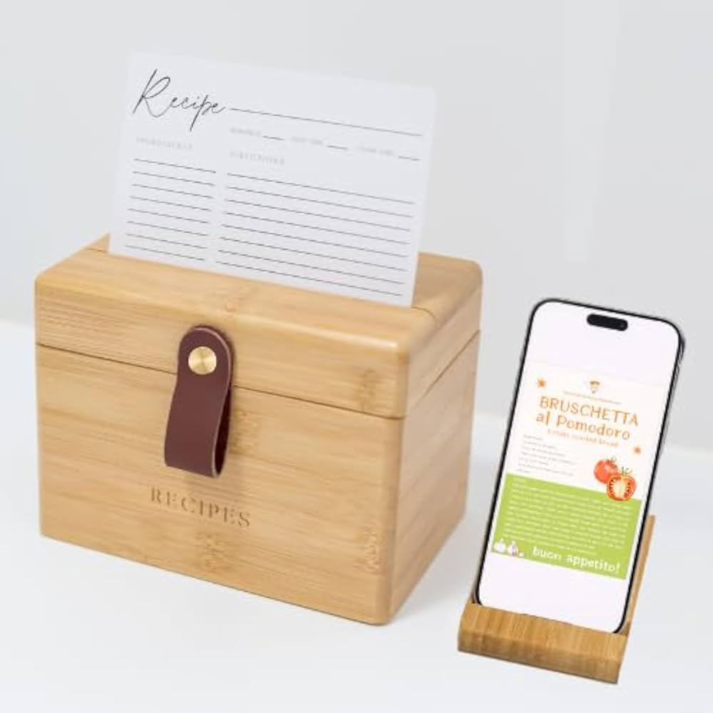 Modern Wooden Recipe Box with Dividers | Recipe Cards and Box Set With Phone Stand | 50 Spacious ... | Amazon (US)