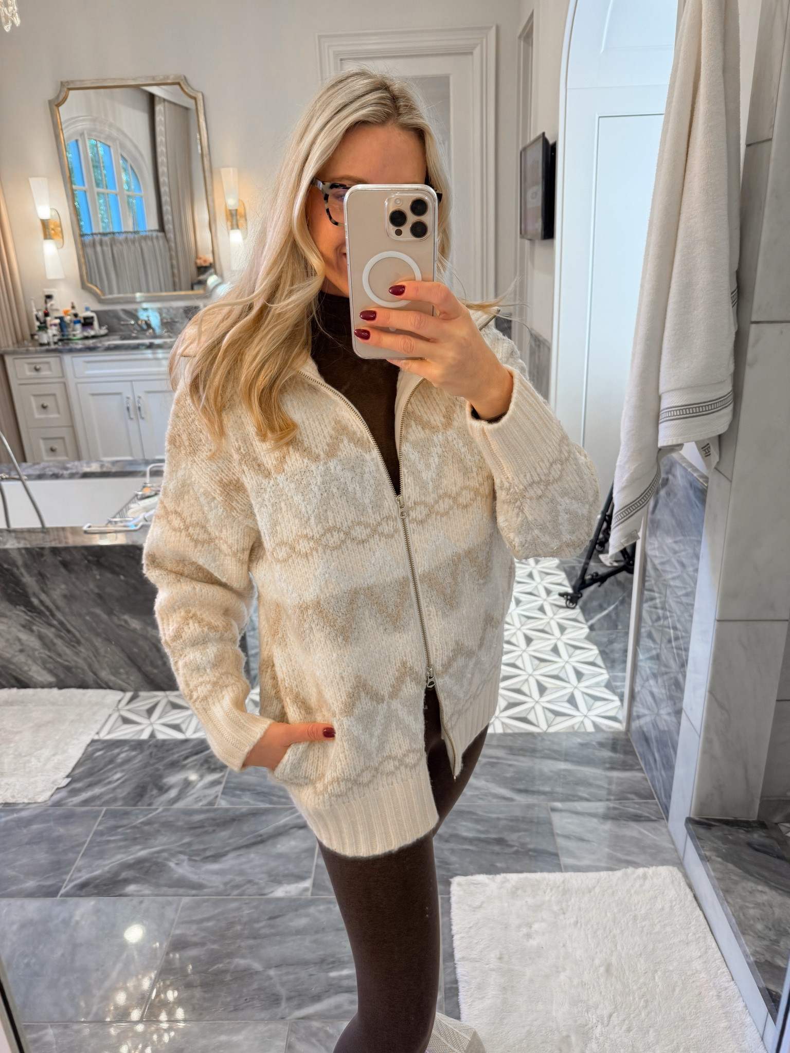 Beige sweater with fair aisle pattern. Has double zippers for custom styling. Pockets. Size up for cozy look - so soft. Great winter sweater for ski trip look  

#LTKOver40 #LTKTravel #LTKSeasonal