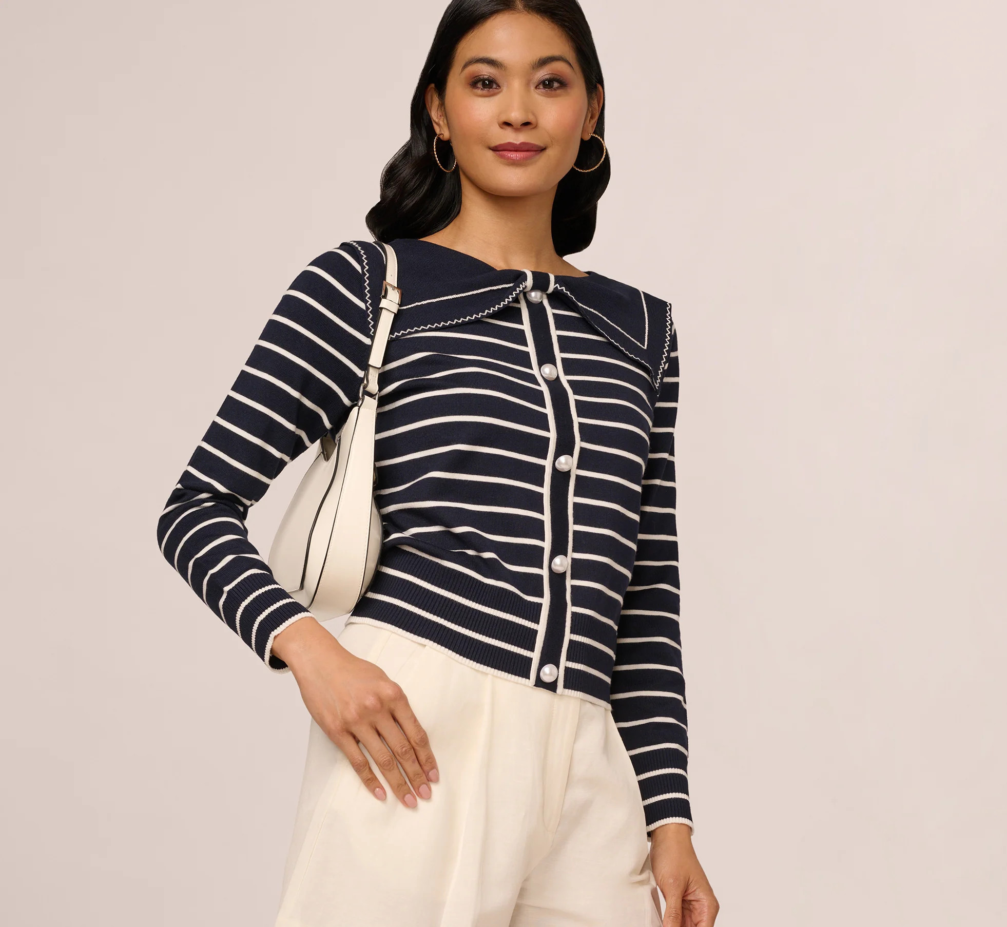 Long Sleeve Sailor Collar Pullover Sweater In Navy Ivory | Adrianna Papell