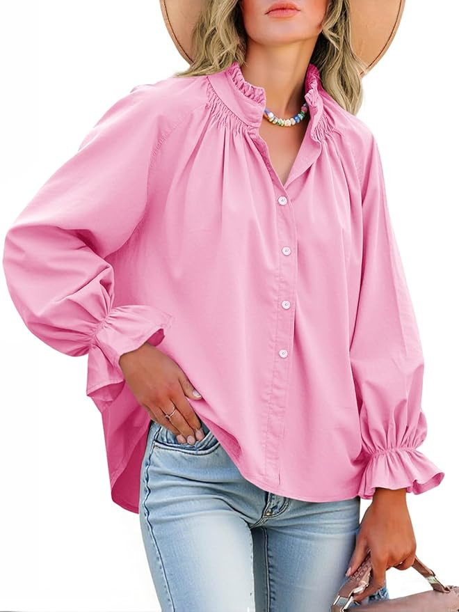 Tankaneo Womens Puff Long Sleeve Button Down Shirts Pleated V Neck Cotton Blouses Loose Fit Casua... | Amazon (US)