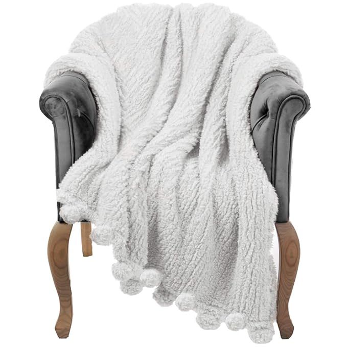 GREEN ORANGE Throw Blanket for Couch - 60x80, Ivory White with Pom Poms - Fuzzy, Fluffy, Plush, S... | Amazon (US)