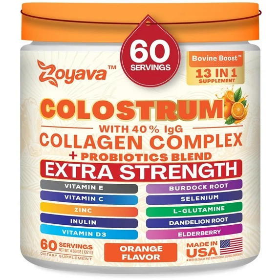 Zoyava Colostrum Powder with 40% IgG, Orange Flavor, Extra Strength 13-in-1 Supplement, Collagen ... | Walmart (US)