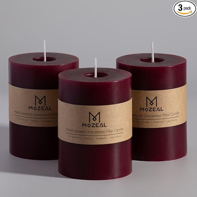 MOZEAL 3" x 4" Hand-Poured Unscented Burgundy Candle, Dripless Maroon/Dark Red Pillar Candle Set ... | Amazon (US)