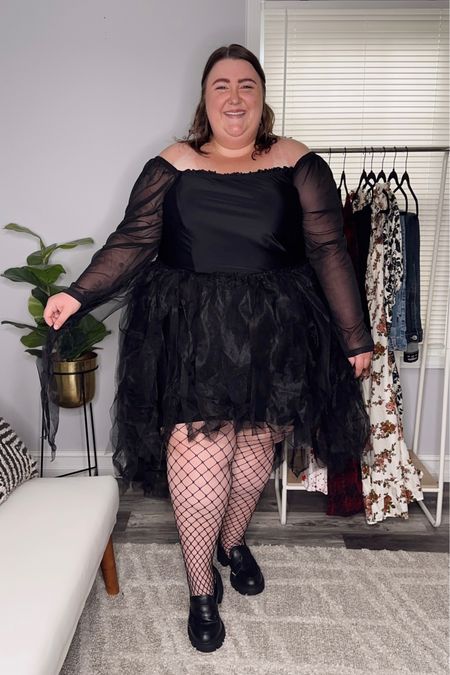 Day 3/5 of Plus Size Halloween Looks! Fishnet Tights from Torrid in a size 5/6, High-Low Off Shoulder Black Dress from Torrid in a size 5 -I would 100% recommend wearing shorts under it because the body con lining was riding up a bit on me, Wide Width Chunky Loafers from Torrid

#LTKHalloween #LTKSeasonal #LTKplussize