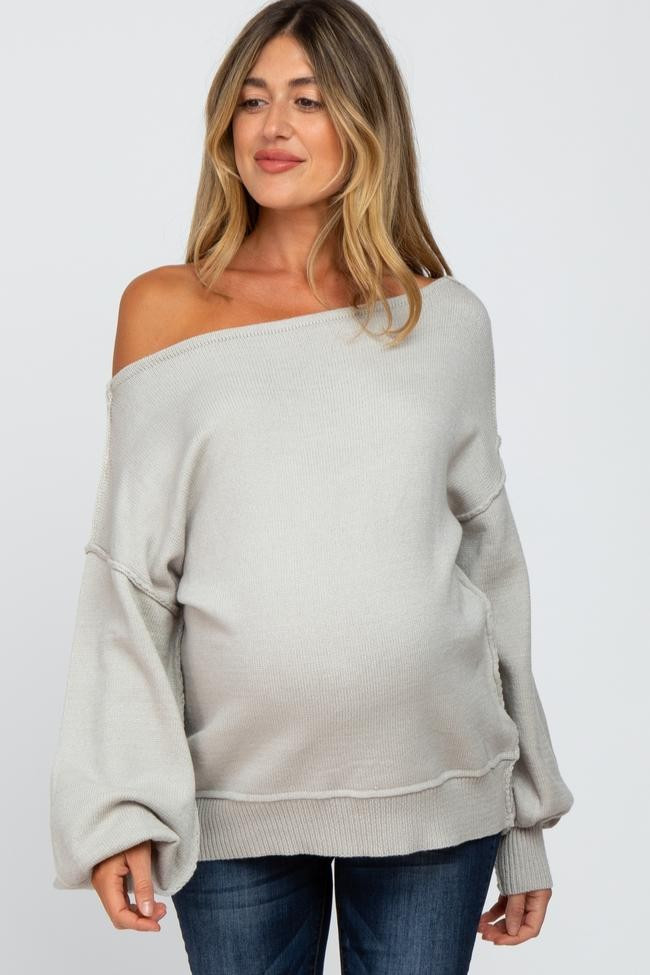 Grey Boat Neck Bubble Sleeve Maternity Sweater | PinkBlush Maternity
