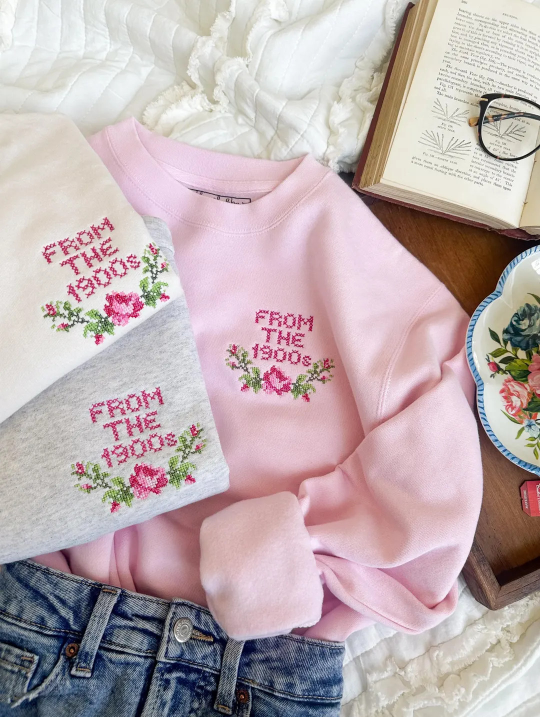 from the 1900s vintage cross stitch inspired embroidered floral sweatshirt x spring dusty roses x... | Etsy (US)