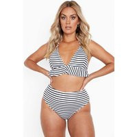boohoo Women's Plus Stripe Ruffle High Waist Bikini in Black | Size: 24 | Knitted | boohoo (US & Canada)
