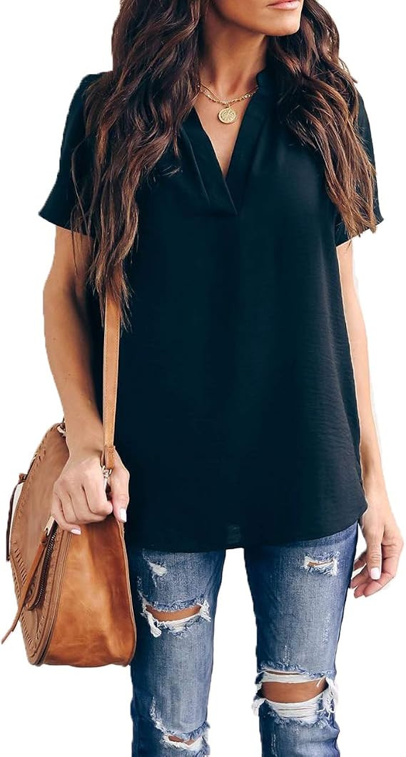 Allimy Women Summer Casual Split V Neckline Chiffon Blouses Loose Tunic Short Sleeve Tops | Amazon (US)