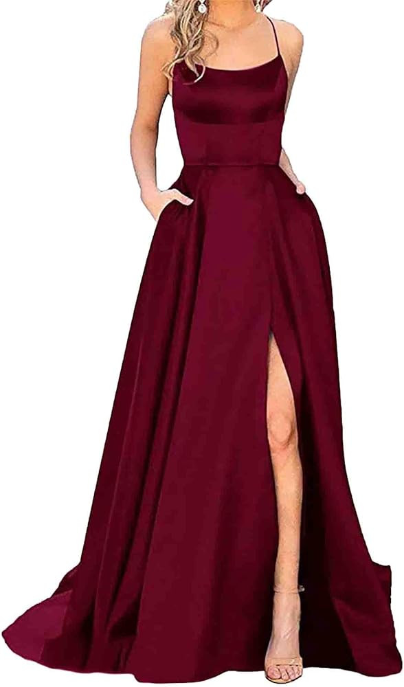 Women's Elegant Long Prom Dresses with Pockets Satin Halter Spaghetti Strap Wedding Dress Gowns | Amazon (US)