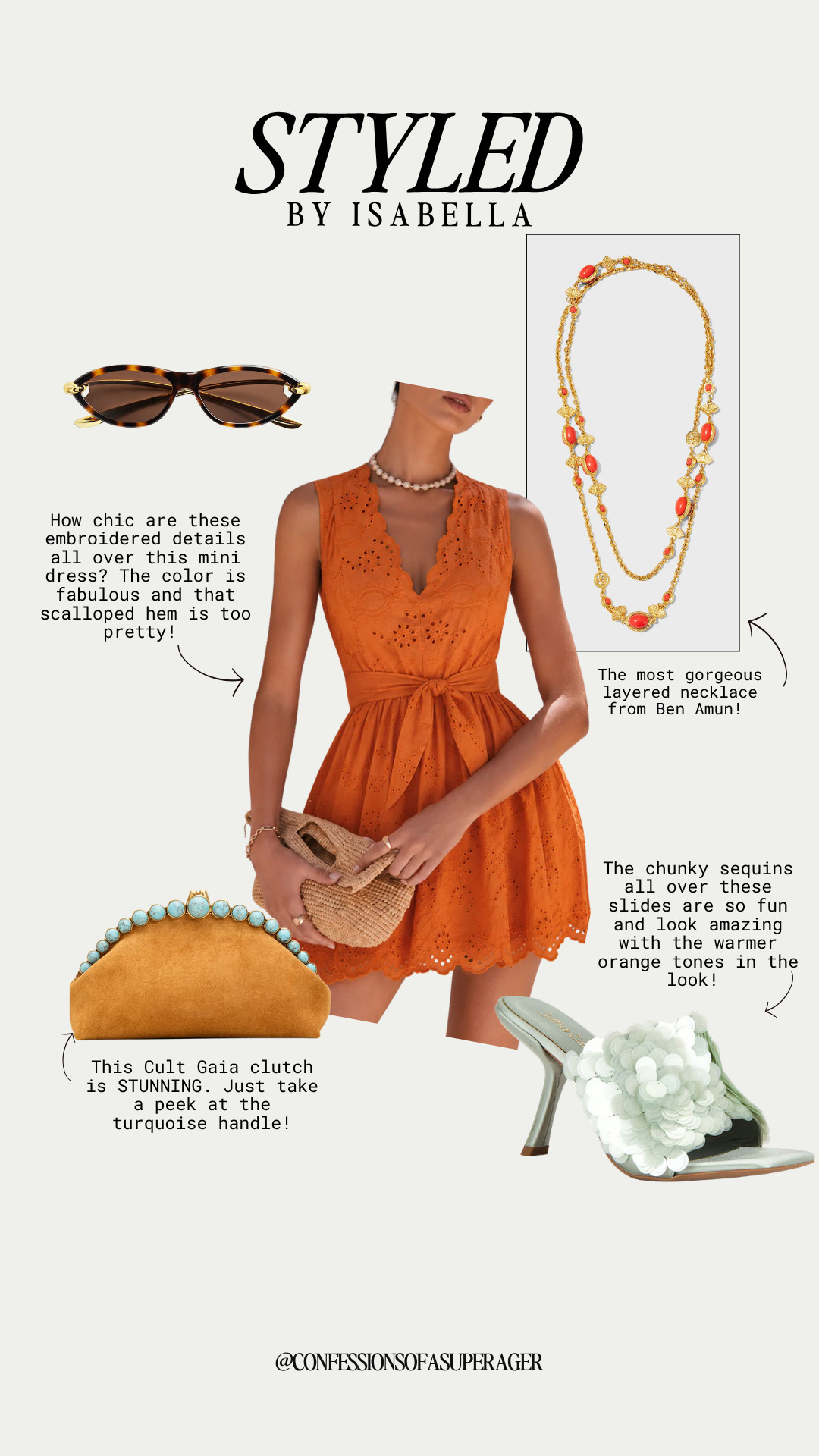This orange mini dress is the ultimate summer-to-fall statement look! 🍊✨ With scalloped embroidered details, a layered statement necklace, chic cat-eye sunglasses, and gorgeous statement accessories, it’s perfect for brunch, date nights, vacations, and special occasions. Tap to shop the full look! #SummerStyle #FallFashion #MiniDress #OrangeDress #StatementJewelry #StatementAccessories #EmbroideredDress #VacationStyle #BrunchOutfit #Over50Fashion #FashionOver50 #AgelessStyle #ClassicStyle #LTKFashion #LTKStyle #LTKFinds #ShopMyLook #ConfessionsOfASuperAger

#LTKootd #LTKSeasonal #LTKOver40