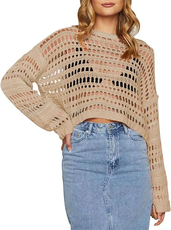 Pink Queen Women Cropped Sweater Hollow Out Long Sleeve Knit Mesh Color Block Crochet Crop Top Y2... | Amazon (US)
