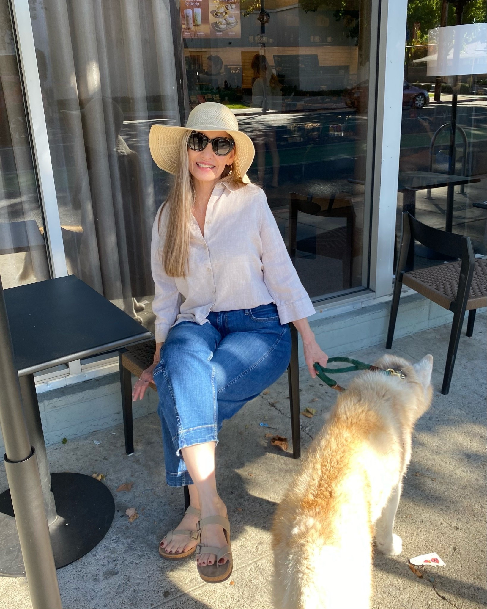 September dog walking ootd. Sorry my cute dog refused to look at the camera. 😂 #affordablesandals #sunhat #barreljeans #linenshirt

#LTKdayinmylife #LTKOver40 #LTKMidsize