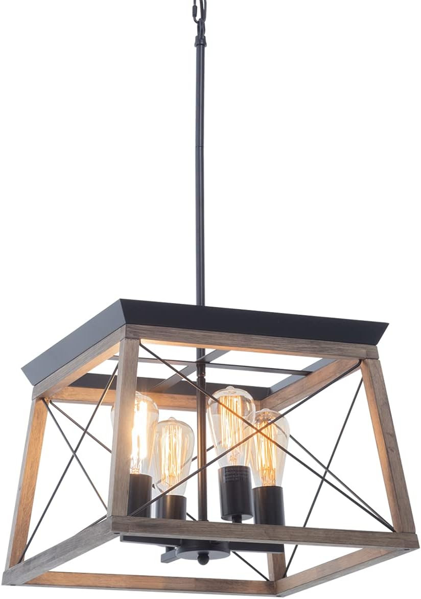 Elyccupa Wood Farmhouse Chandelier with Metal Cage 4 Lights Pendant Light Retro Square Adjustable... | Amazon (US)