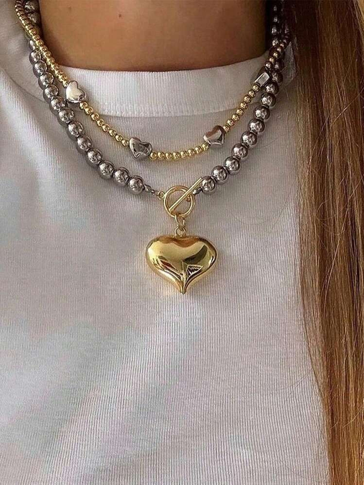 2-piece mixed metal laysring heart necklace | SHEIN