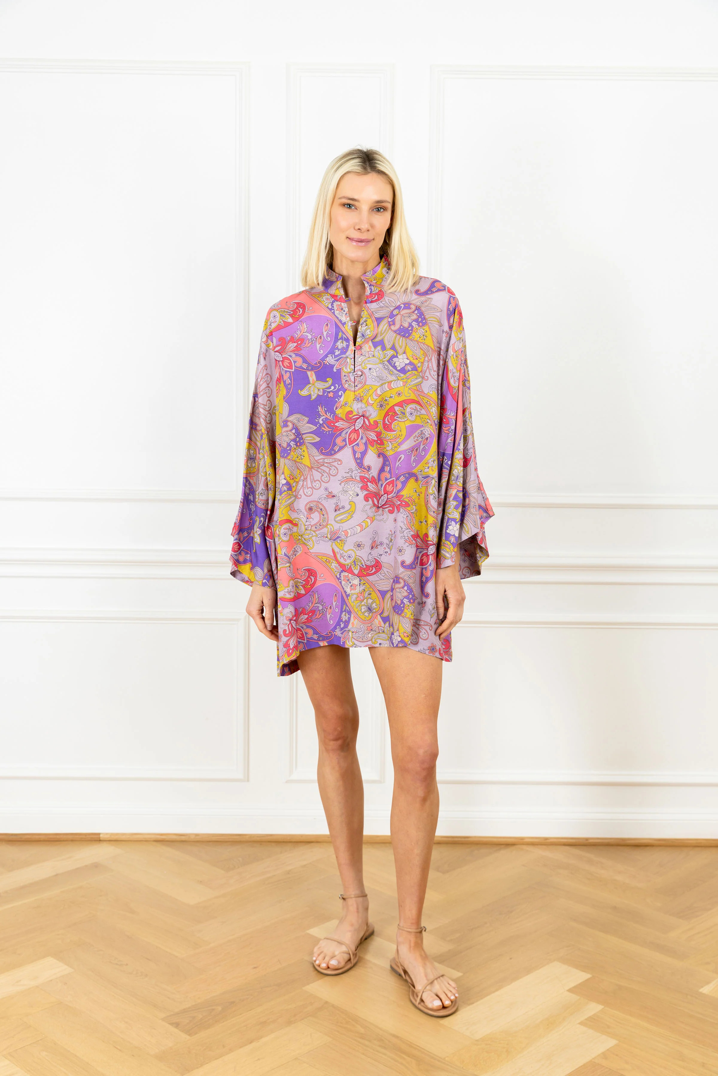 Lilac Paisley Linen Mini Caftan | La Vie Style House