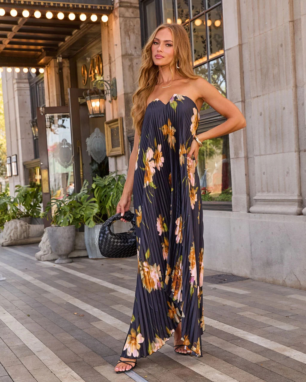 Adrenia Pleated Floral Print Satin Maxi Dress | VICI