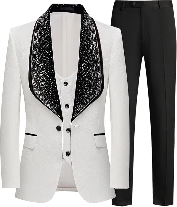 MOGU Men's 3 Piece Jacquard Suit \u2013 Blazer, Vest & Pants, Rhinestone Lapel Formal Dress Tuxed... | Amazon (US)
