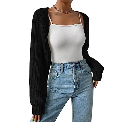 Women Y2K Crochet Knitted Shrug Sweater Long Sleeve Solid Color Open Front Cropped Cardigan Crop Tops(Loose Knitted Black 06,Medium) | Amazon (US)