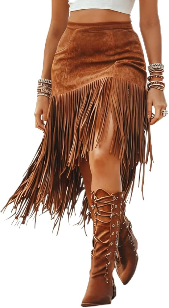 Women Fringe Skirts, Asymmetric Fringe Western Faux Suede Tassel Skirt Cowlgirl Short Skirts | Amazon (US)