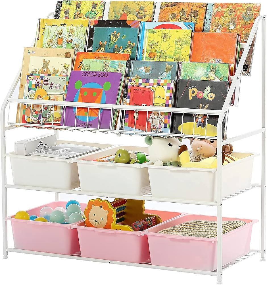 Large Kids Bookshelf With 6 Storage Box,5 Tier Metal Kids Bookcases Children's Toy Storage Rack, ... | Amazon (US)