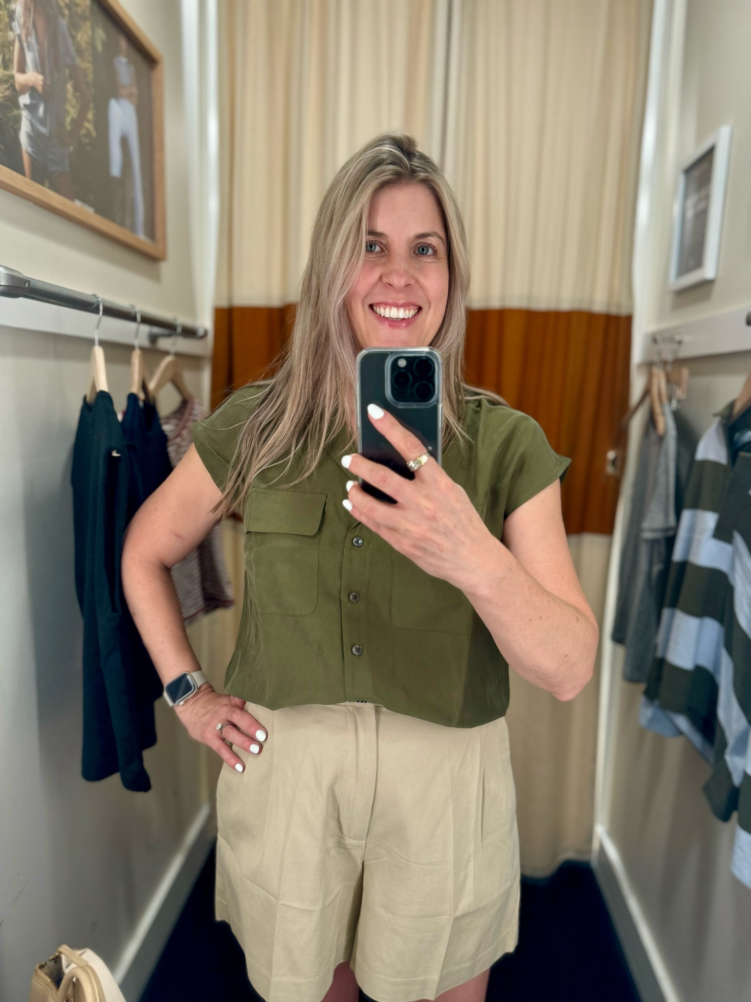 This Madewell silk shirt is dreamy!! The fabric is so soft, it drapes perfectly, and goes dressy or casual depending on what you pair it with. It comes in two colors and runs true to size. I probably wouldn’t pair it with these twill shorts just because it’s adding a little too much bulk in my midsection but I do love the green with the khaki. 

Madewell shirt, silk blouse, twill shorts, Harlow shorts, silk draped patch pocket sleeveless shirt 

#LTKSeasonal #LTKover40