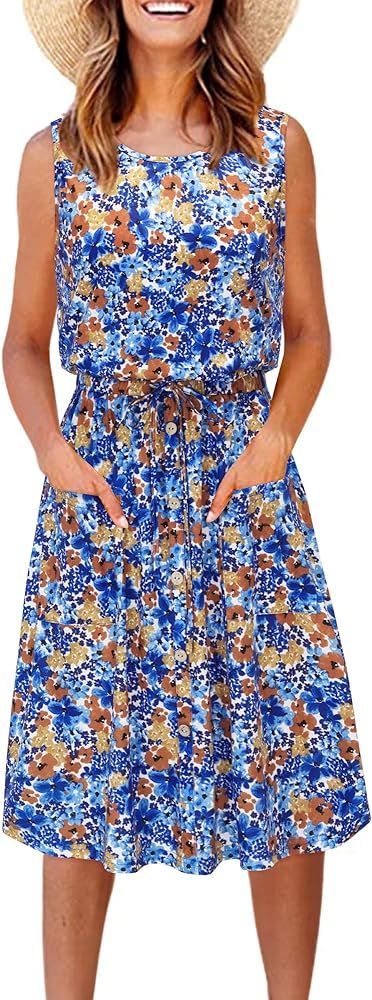 II ININ Women's Round Neck Sleeveless Drawstring Midi Dress Adjustable Waistline Sundress with Pocke | Amazon (US)