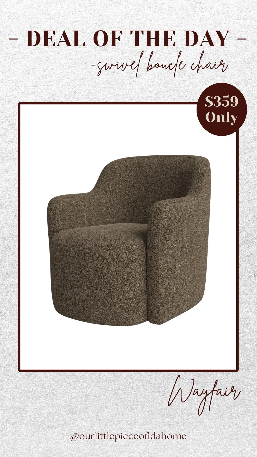 I found this swivel boucle chair and it’s such a good balance of comfort and structure.

I love the soft texture and rounded shape, it adds warmth to a room while still feeling tailored, and the swivel makes it easy to use in living spaces or a reading corner.
@Wayfair 
 

#LTKHome #LTKSaleAlert #LTKU