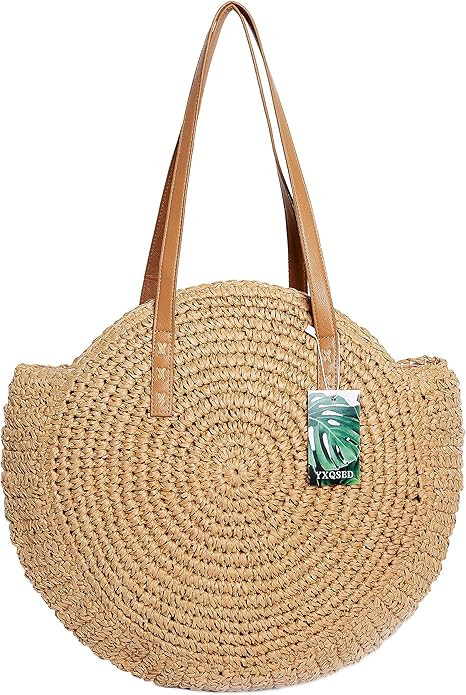 YXQSED Round Woven Bag - Summer Beach Bags Straw Handwoven Singleshoulder with Zipper,Leather Han... | Amazon (UK)