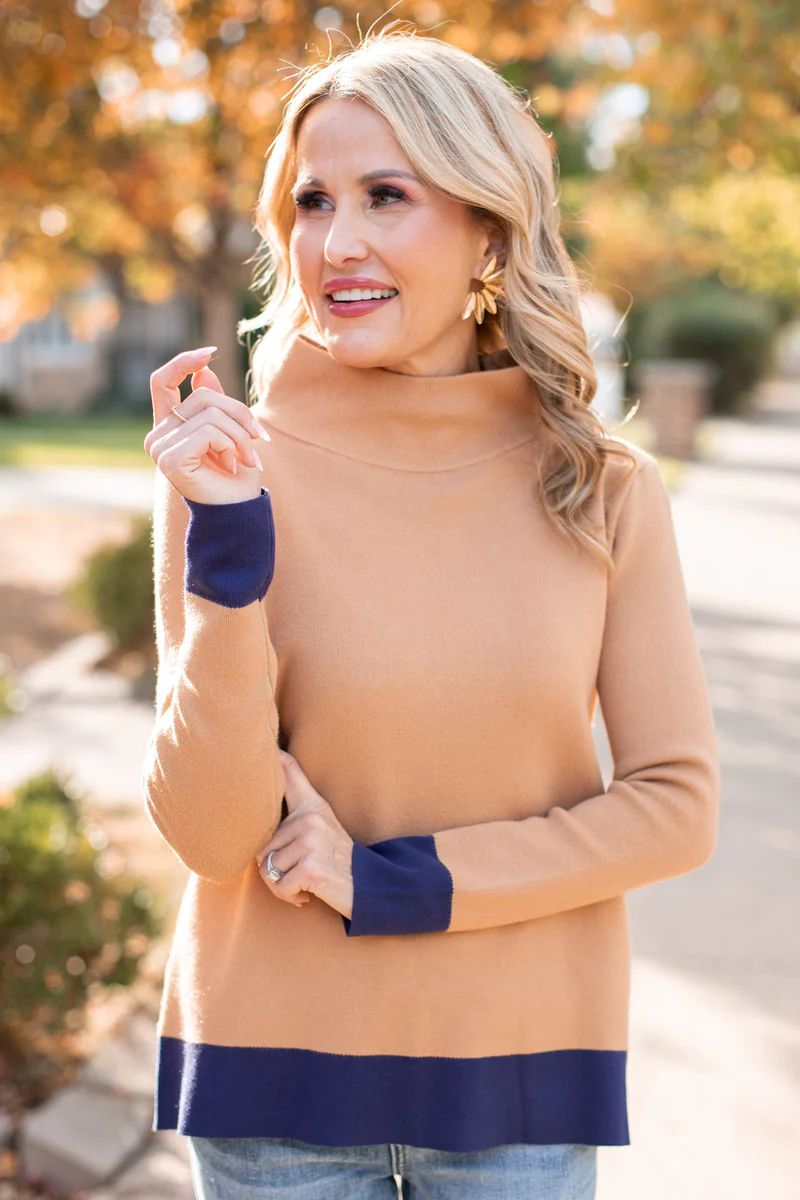 Women's Tan & Navy Blue Mock Turtleneck Sweater | Avara