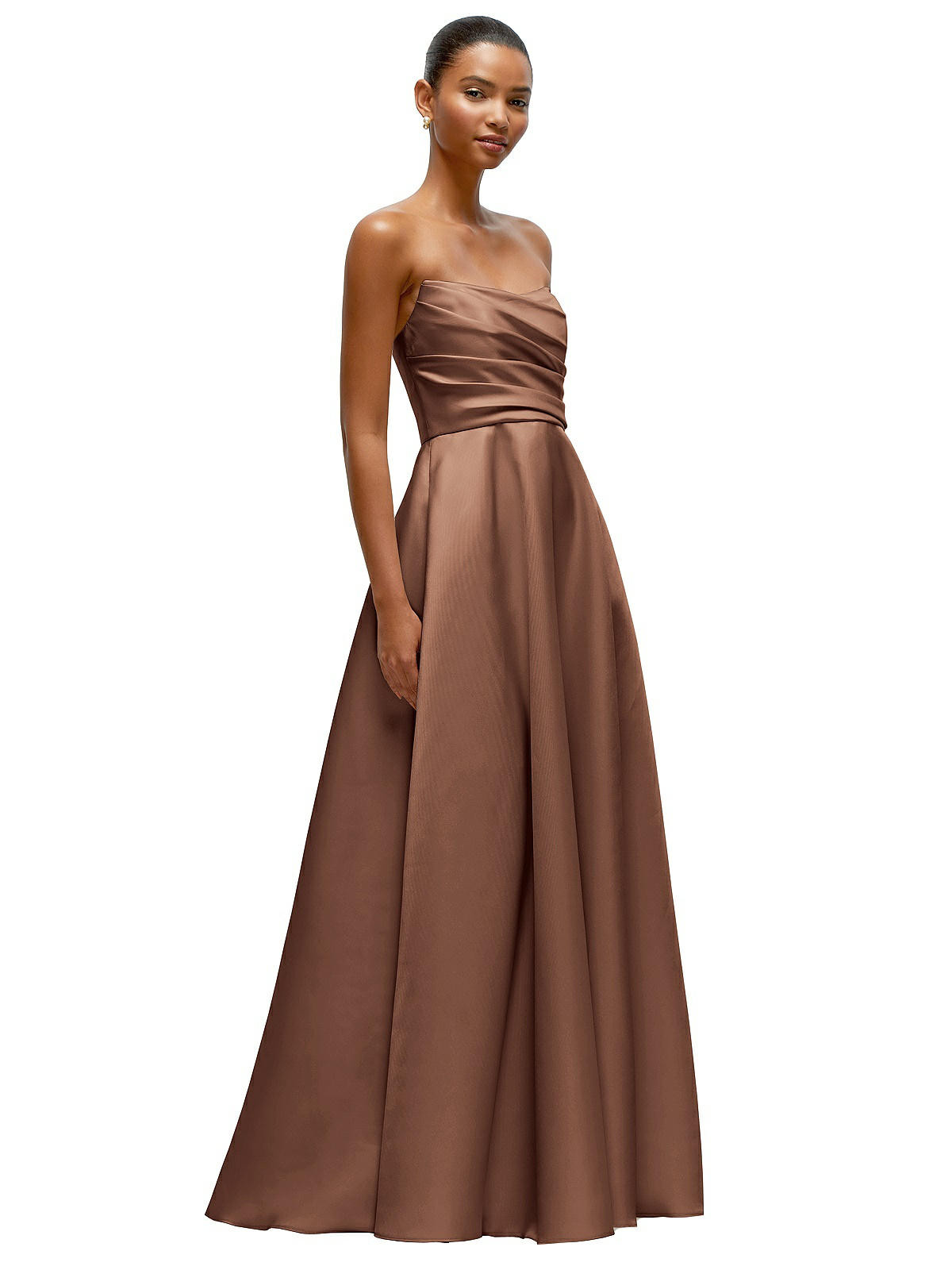 Strapless Draped Cat-Eye Satin Maxi Dress with Full Skirt in Cognac | Dessy Group