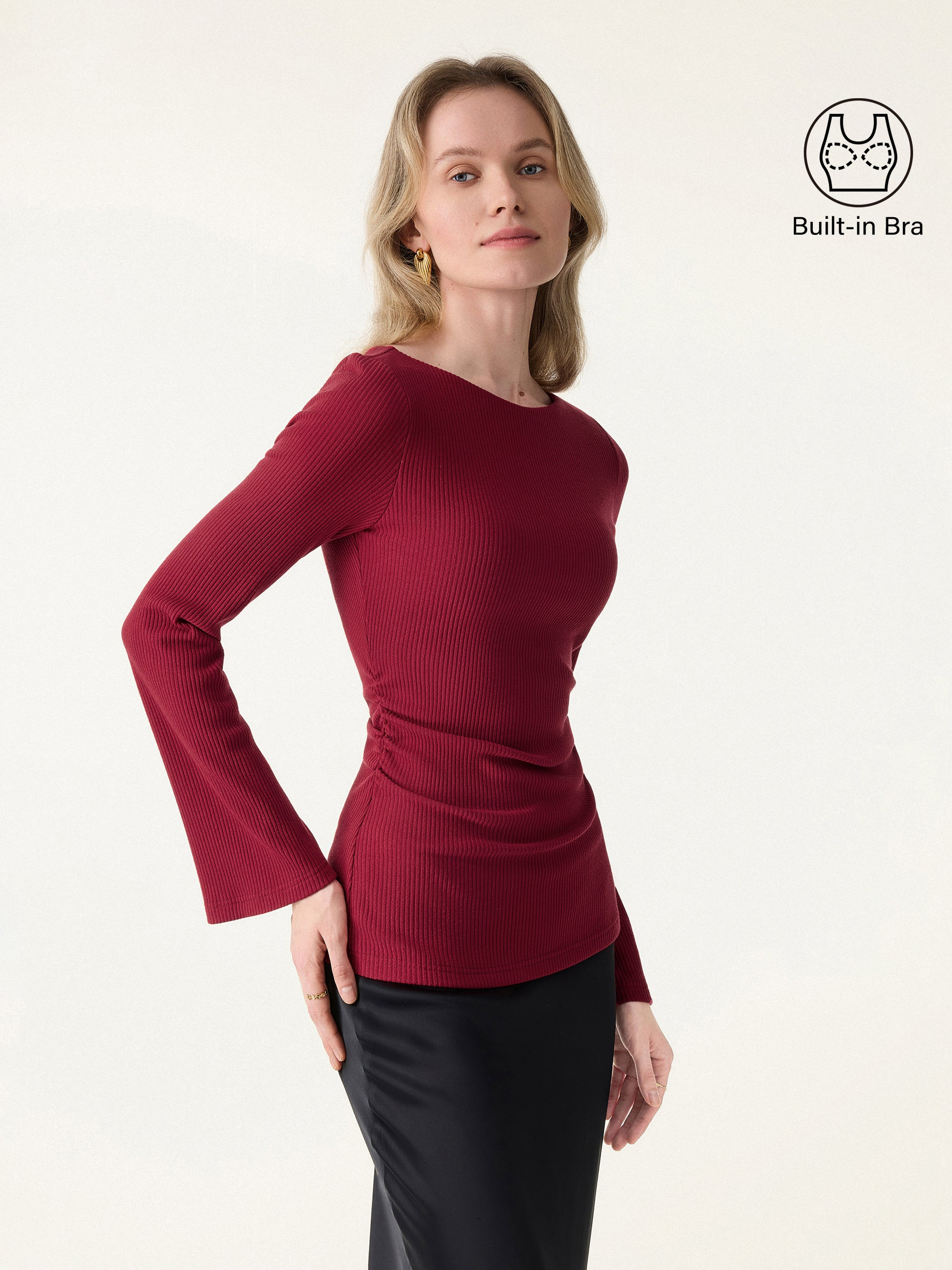 Ribbed Boatneck Bell Sleeve Ruched Brami | OGLmove