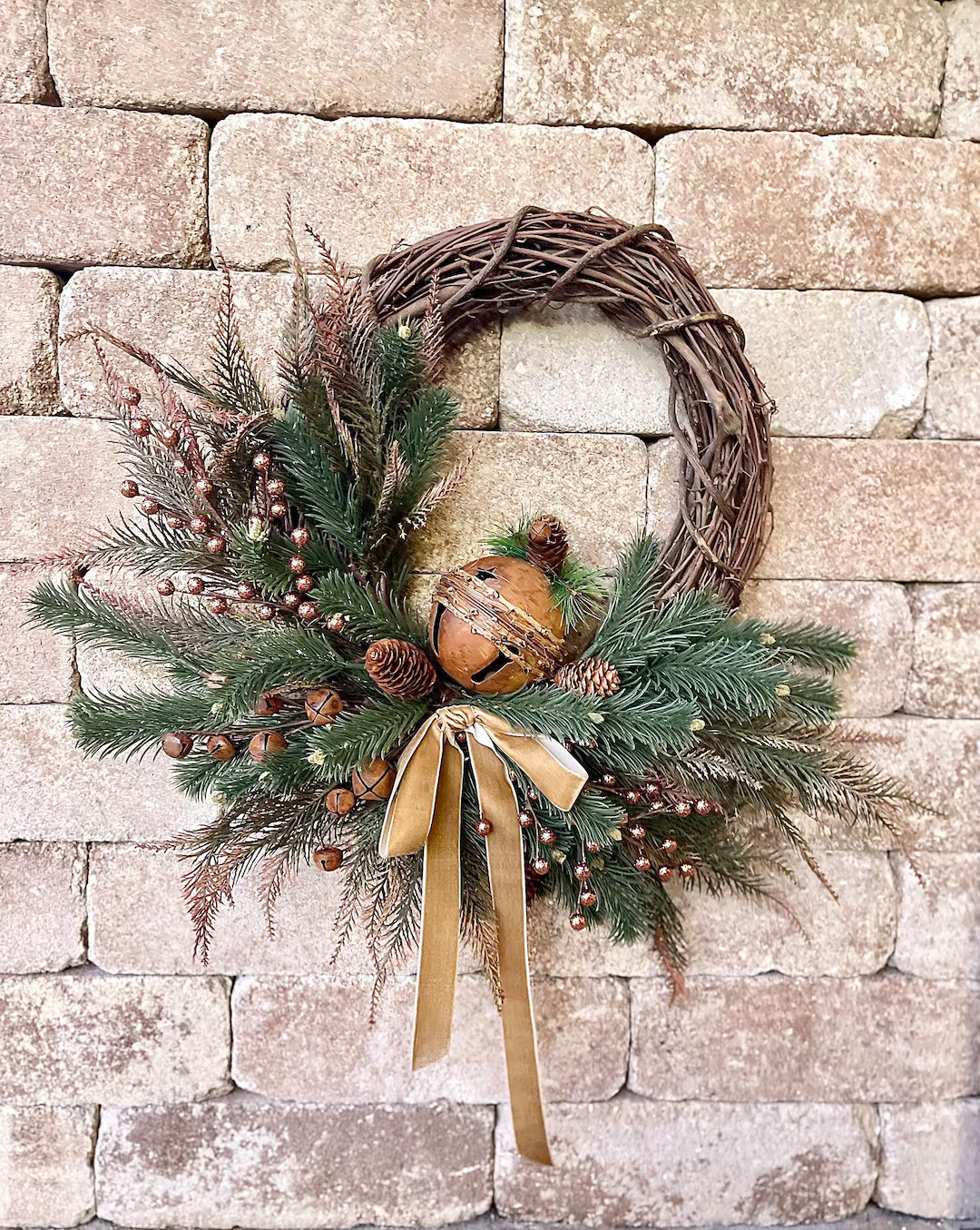 Rustic Christmas Wreath, Brown Sleigh Bells Evergreen Wreath, Farmhouse Seasonal Wreath with Copp... | Etsy (US)
