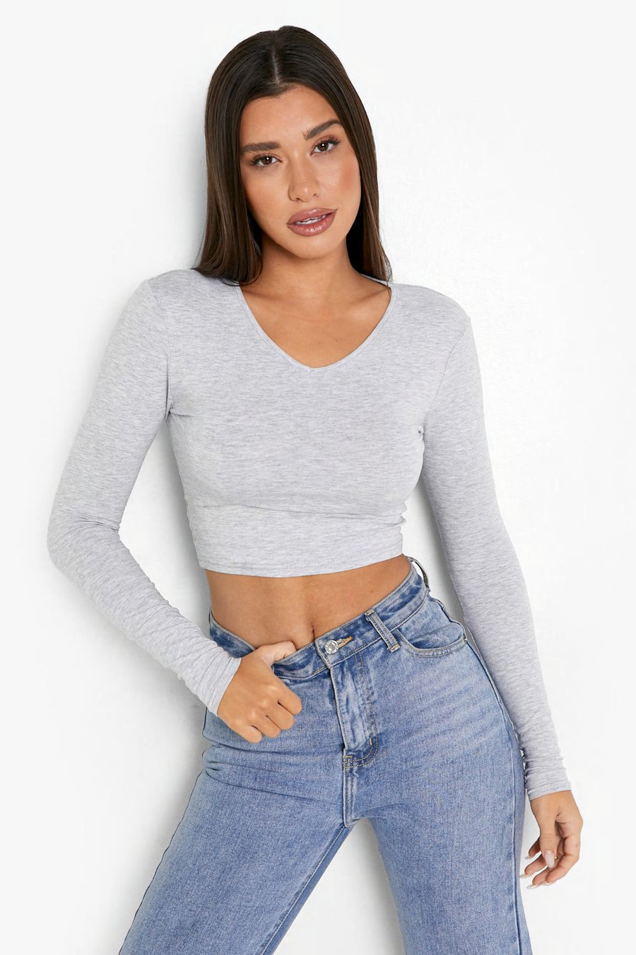 Basic Long Sleeve V Neck Top | Boohoo.com (US & CA)