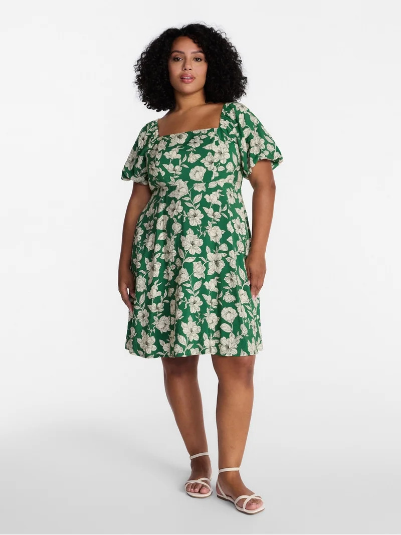 Time and Tru Women's Airflow Mini Dress with Puff Sleeves, Sizes XS-XXXL | Walmart (US)