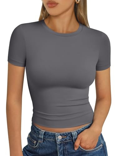 Trendy Queen Womens Short Sleeve T Shirts Summer 2026 Crop Tops Basic Slim Fit Gym Workout Y2k Clothes Grey02 L | Amazon (US)
