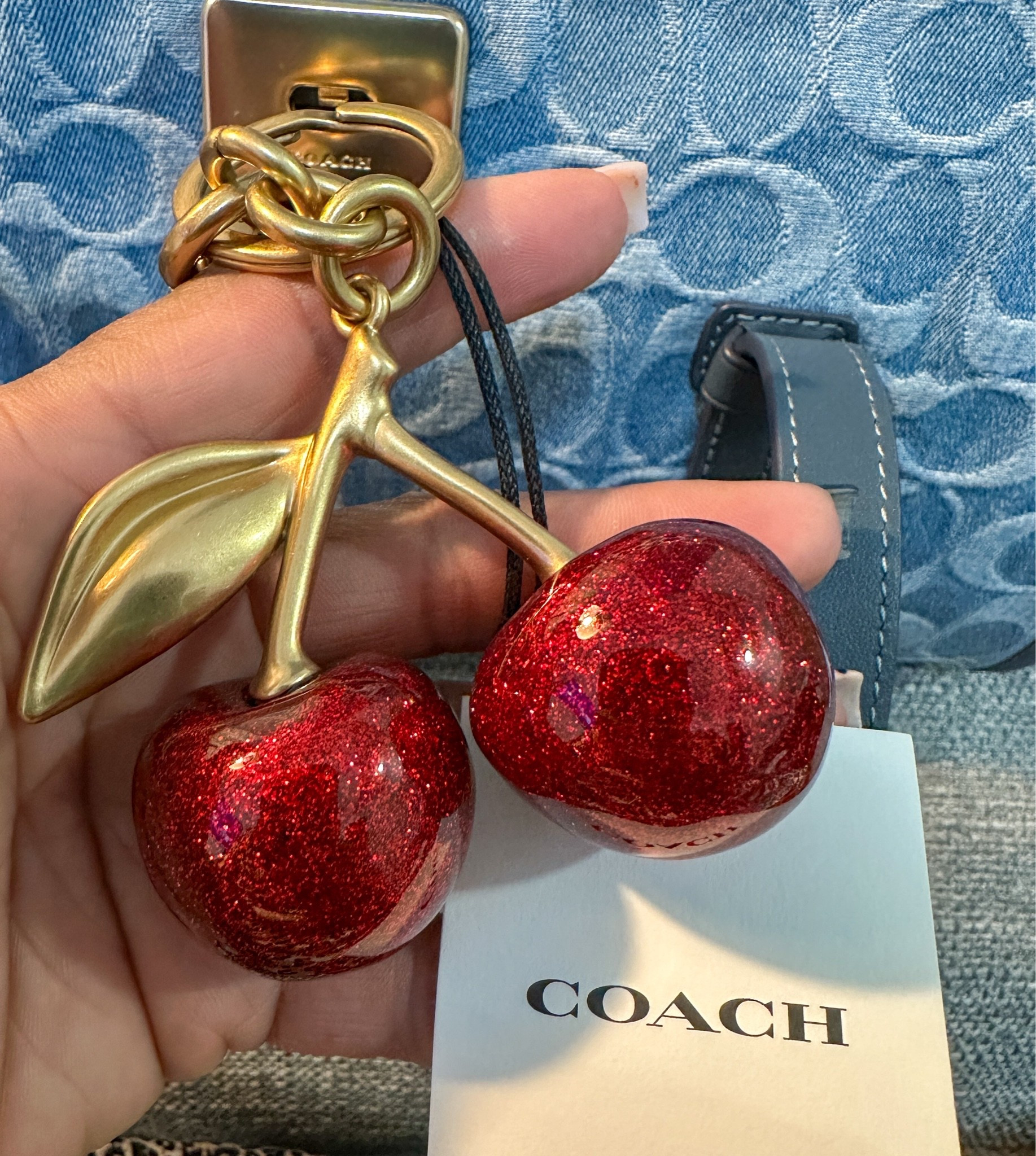 Cherry charm for my denim Coach bag. #Coach #Purse #FashionAccessories #Handbags