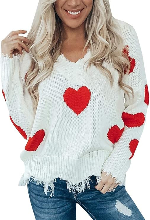 Women's Heart Pattern Ripped Sweater V Neck Distressed Knit Pullover Jumper Top | Amazon (US)
