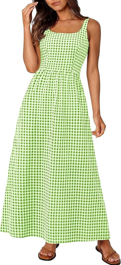 PRETTYGARDEN Women's 2026 Summer Spaghetti Strap Maxi Dresses Plaid Square Neck A Line Casual Bea... | Amazon (US)