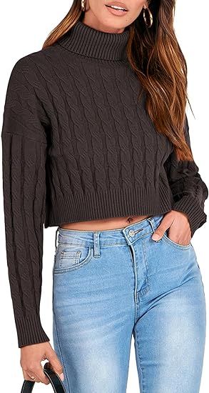 PRETTYGARDEN Women's Cropped Turtleneck Sweater Long Sleeve Cable Knit Pullover Sweater Jumper Co... | Amazon (US)