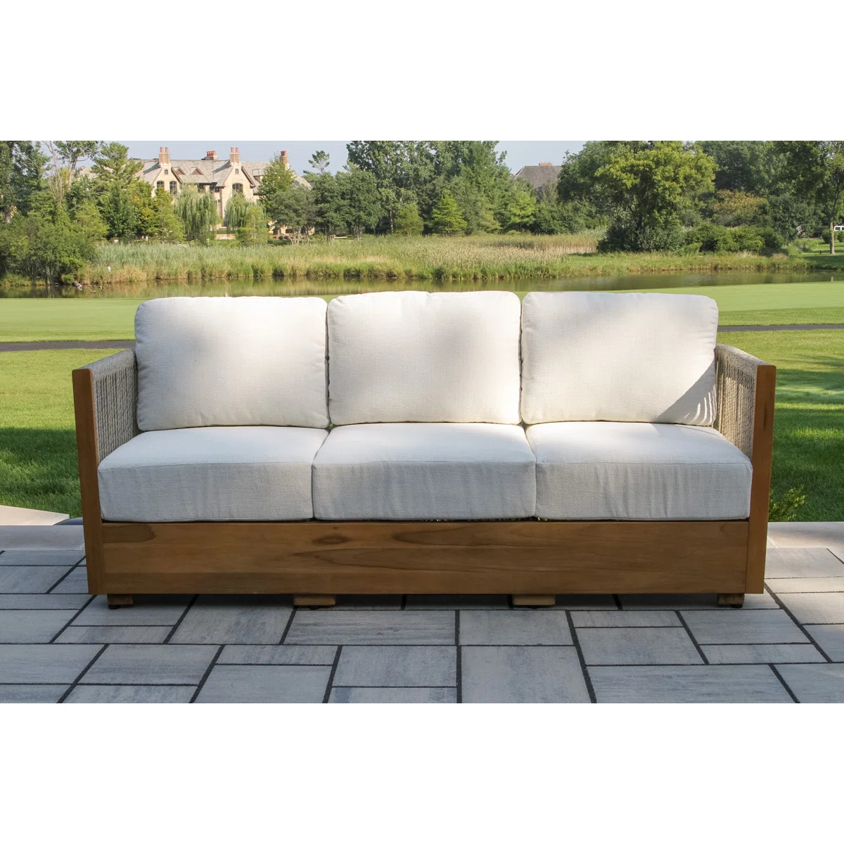 Aniston 81.5'' Wide Outdoor Teak Patio Sofa with Sunbrella Cushions | Wayfair North America
