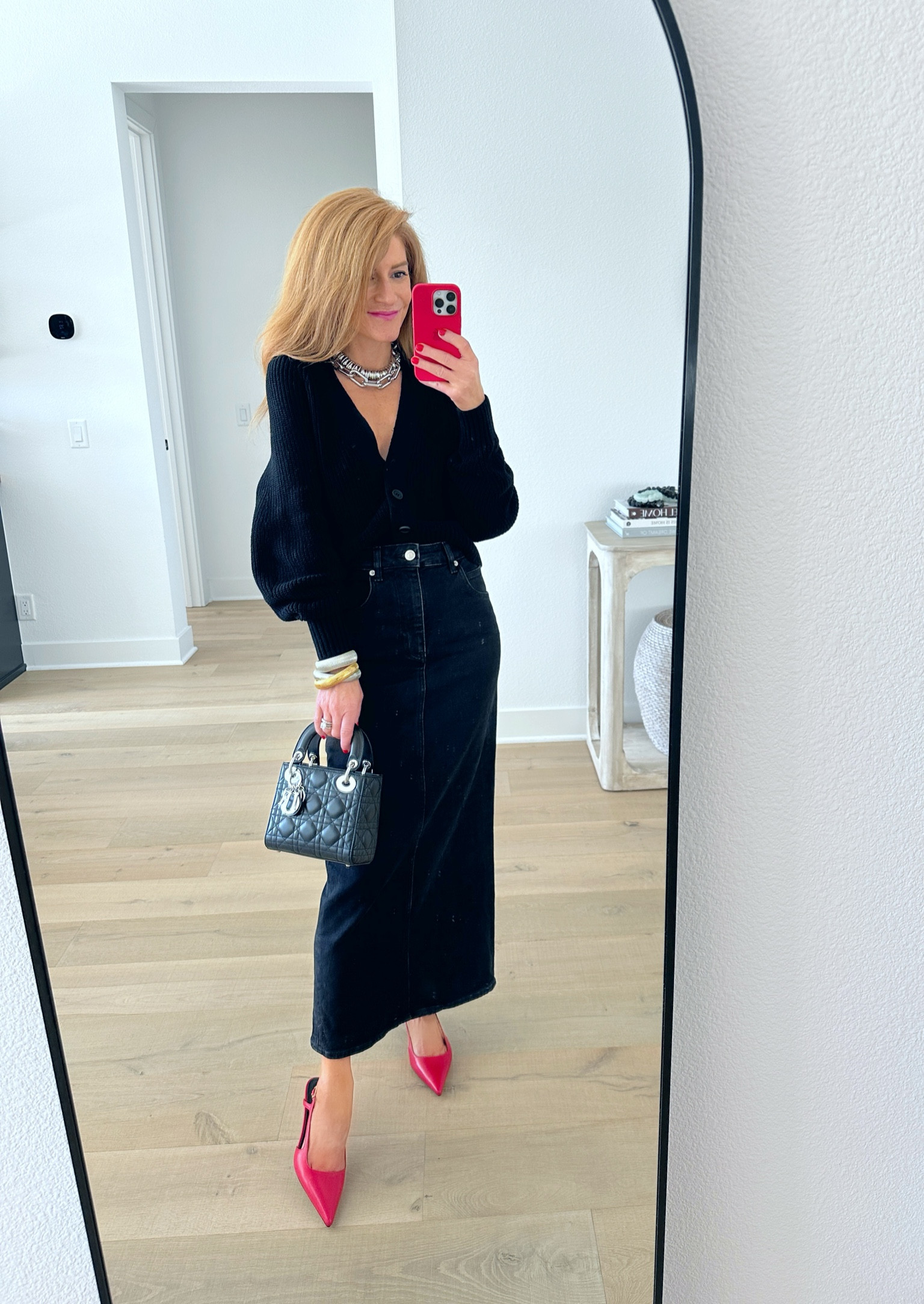 Love this black cardi, denim midi skirt and red slingbacks! 

#LTKshoecrush #LTKover40 #LTKSeasonal